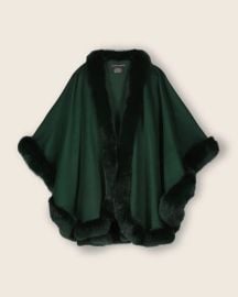 Sofia Cashmere Cervinia Fur Trimmed Cashmere Cape Classic Length in Green at Sofia Cashmere