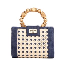 Soli Sun The Mila Navy Blue Gold Rattan Woven Handbag at Wolf & Badger