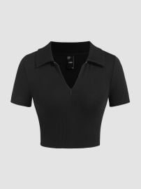 Solid Collar Zip Up Crop Top For School Daily Casual at Cider