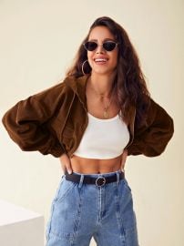 Solid Crop Corduroy Hooded Jacket at Shein