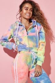 Sommer Ray Tie-Dye Cropped Side Stripe Zip-Up Drawstring Hoodie at Urban Planet