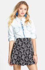 Soprano Textured Flower Print Skater Skirt in black at Nordstrom Rack