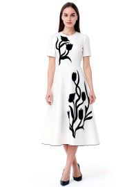 Spanish Queen Letizia Inspired Puffy Shoulder Tulip Motif Fit-&-Flare Midi Dress at eBay