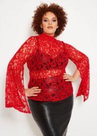 Split Sleeve Lace Mock Neck Top by Ashley Stewart at Ashley Stewart