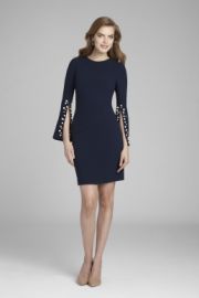 Split Sleeve Sheath Dress with Pearl Trim by Teri Jon  at Teri Jon