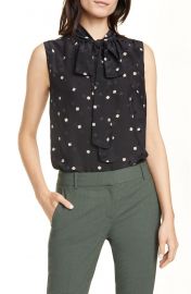 Square Dot Tie Neck Sleeveless Silk Blouse at Nordstrom