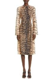 St. John Collection Tiger Print Keyhole Long Sleeve Silk Blend Midi Dress at Nordstrom