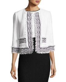 St John Collection Clair Knit 34-Sleeve Fringe-Trim Jacket WhiteBlack at Neiman Marcus