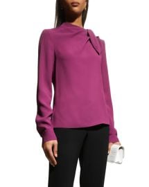 St John Collection Satin Insert Neck Tie Crepe Blouse at Neiman Marcus