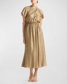 St John Metallic Wrap Bodice Midi Dress at Neiman Marcus