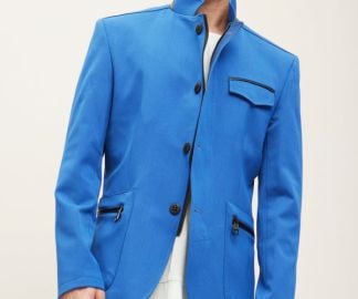 Stand Collar Sport Coat - Sax - Ron Tomson at Ron Tomson