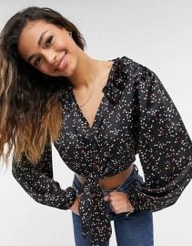 Star & Heart Print Tie Satin Top by Topshop at Asos