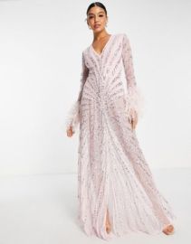 Starlet plunge embellished maxi dress with faux feather cuffs in baby pink at ASOS