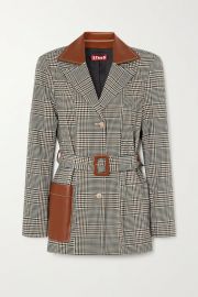 Staud Paprika belted faux leather-trimmed Prince of Wales checked woven blazer at Net A Porter