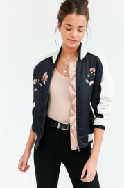 Stays On Tour Navy Satin Bomber Jacket by Silence + Noise at Urban Outfitters at Urban Outfitters