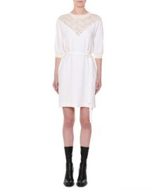 Stella McCartney Elbow-Sleeve Belted Shift Dress w  Lace Yoke at Neiman Marcus