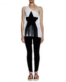 Stella McCartney One-Shoulder Star-Patch Top W Fringe   Tabatha Contrast-Stripe Pants at Neiman Marcus