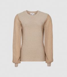 Stella Neutral Metallic Semi-Sheer Sleeve Top at Reiss