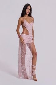 Stellar Asymmetric Hand Beaded Maxi Dress in Pink at Jaded London