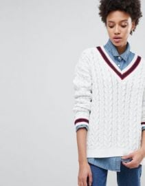 Stradivarius Chunky Cable Knit Varsity Sweater at asos com at Asos