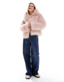 Stradivarius faux fur jacket in pale pink at ASOS