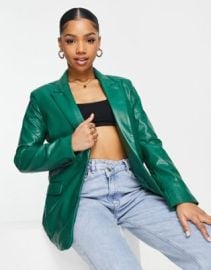 Stradivarius faux leather blazer in green at ASOS