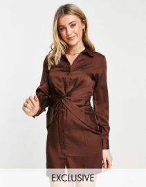 Stradivarius twist detail satin shirt dress in chocolate brown at ASOS