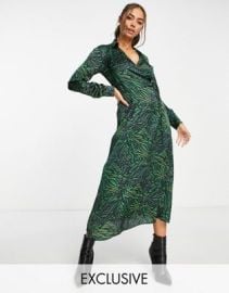 Stradivarius wrap detail midi satin dress in green abstract animal print at ASOS