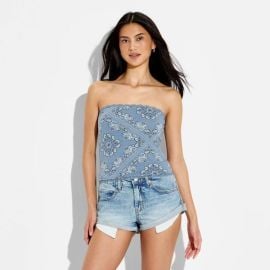 Strapless Lace Trim Tube Top in Blue Paisley at Target