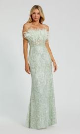 Strapless Long Mint Green Sequin Prom Dress with Feathers PromGirl at Promgirl