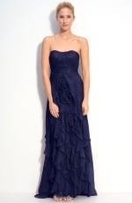 Strapless navy gown with ruffles at Nordstrom