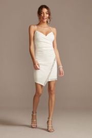 Stretch Mini Dress with Crystal Trim Overlap Skirt Davidx27s Bridal at Davids Bridal