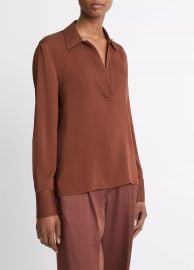 Stretch-Silk Long-Sleeve Polo Blouse in Shirts amp Tees at Vince