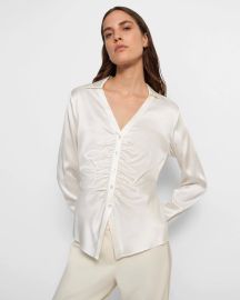 Stretch Silk Ruched Button Up Shirt at Theory