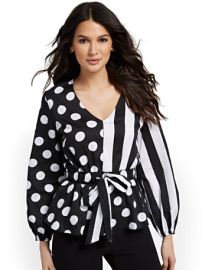 Stripe  Polka-Dot Belted Poplin Shirt at New York & Company