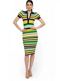 Stripe Puff-Sleeve Polo Midi Sweater Dress at NY&C