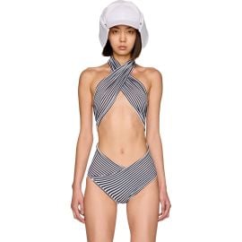 Striped Asymmetric Halter Bodysuit at Emurj