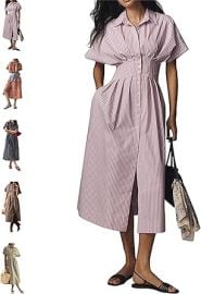 Striped Button Pleated Shirt Maxi Dress for Women Summer Short Sleeve Striped Blouse Casual Corset Dresses at Womens Clothing store at Amazon