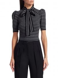 Striped Cashmere Knit Puff-Sleeve Bow Blouse by Michael Kors at Saks Fifth Avenue