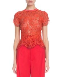 Striped Crewneck Short-Sleeve Lace-Guipure Top at Bergdorf Goodman