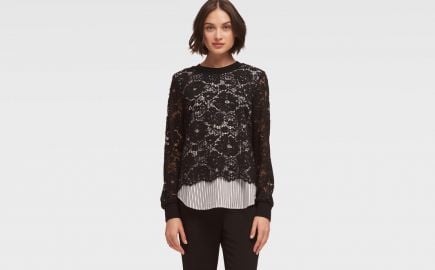 Striped Poplin and Lace Top at DKNY