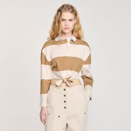 Striped polo-neck T-shirt white beige For Women Paris at Sandro