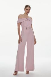 Structured Crepe Bardot Belted Wide Leg Jumpsuit at Karen Millen