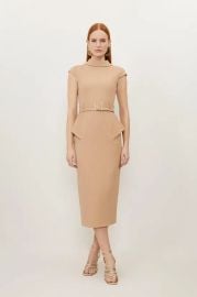 Structured Crepe Roll Neck Peplum Belted Midi Dress at Karen Millen