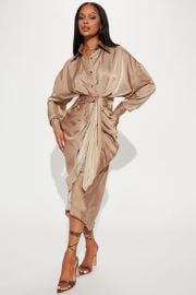 Stuck in The City Long Sleeve Satin Midi Dress - Taupe Fashion Nova at Fashion Nova