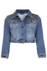 Studded moto denim jacket at Topshop