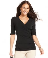 Styleandco Top Three-Quarter-Sleeve Surplice-Neck Ruched - black at Macys