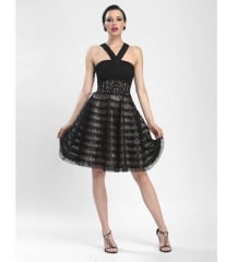 Sue Wong Black Rose Striped Empire Waist Dress at Unique Vintage