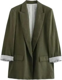 Summer Women's European and American Style Simple Linen Blended Roll Sleeve Suit Coat at Amazon