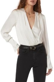 Surplice Long Sleeve Satin Bodysuit at Nordstrom